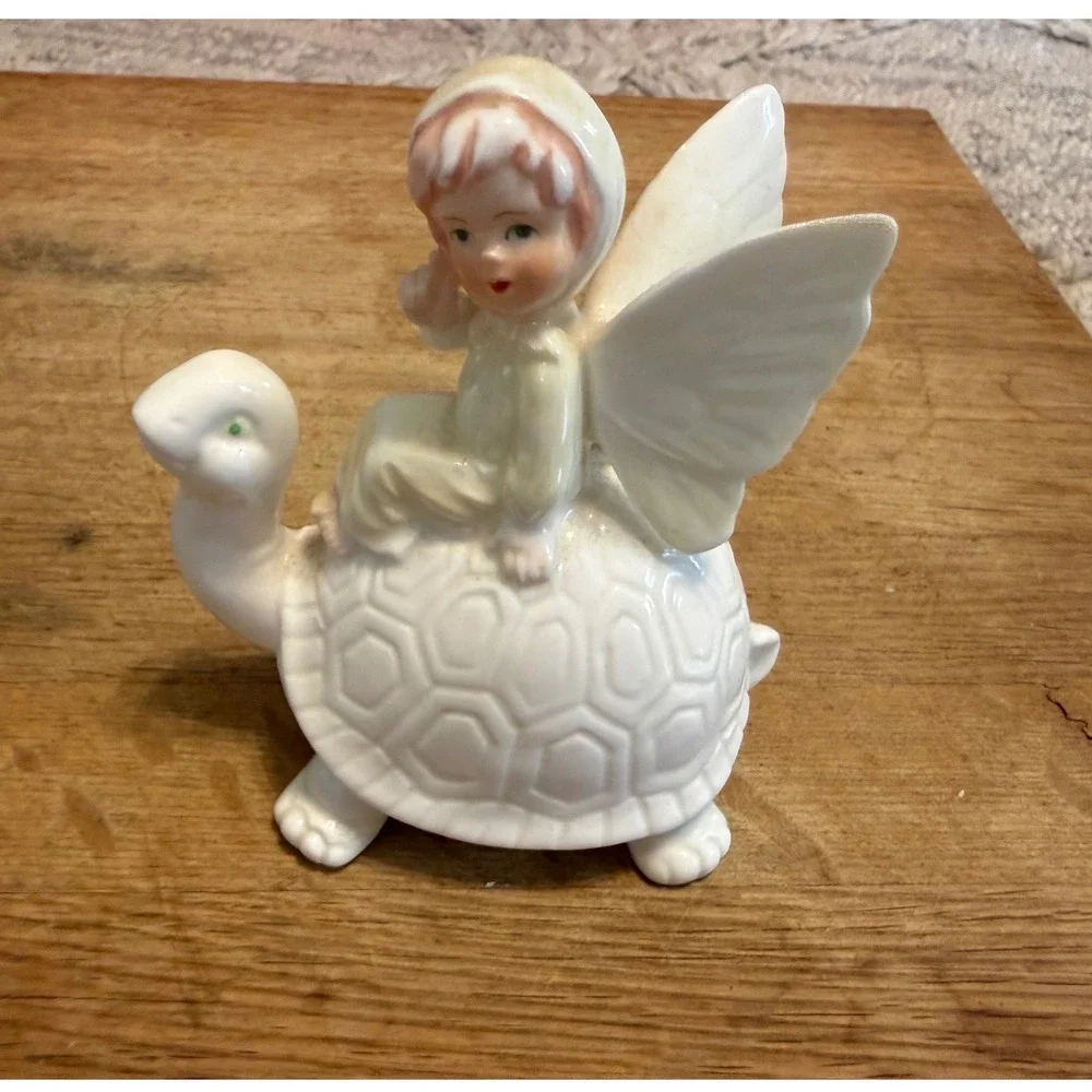 Vintage Enesco Fairy Riding Turtle Ceramic Figurine White Pastel Whimsical Decor